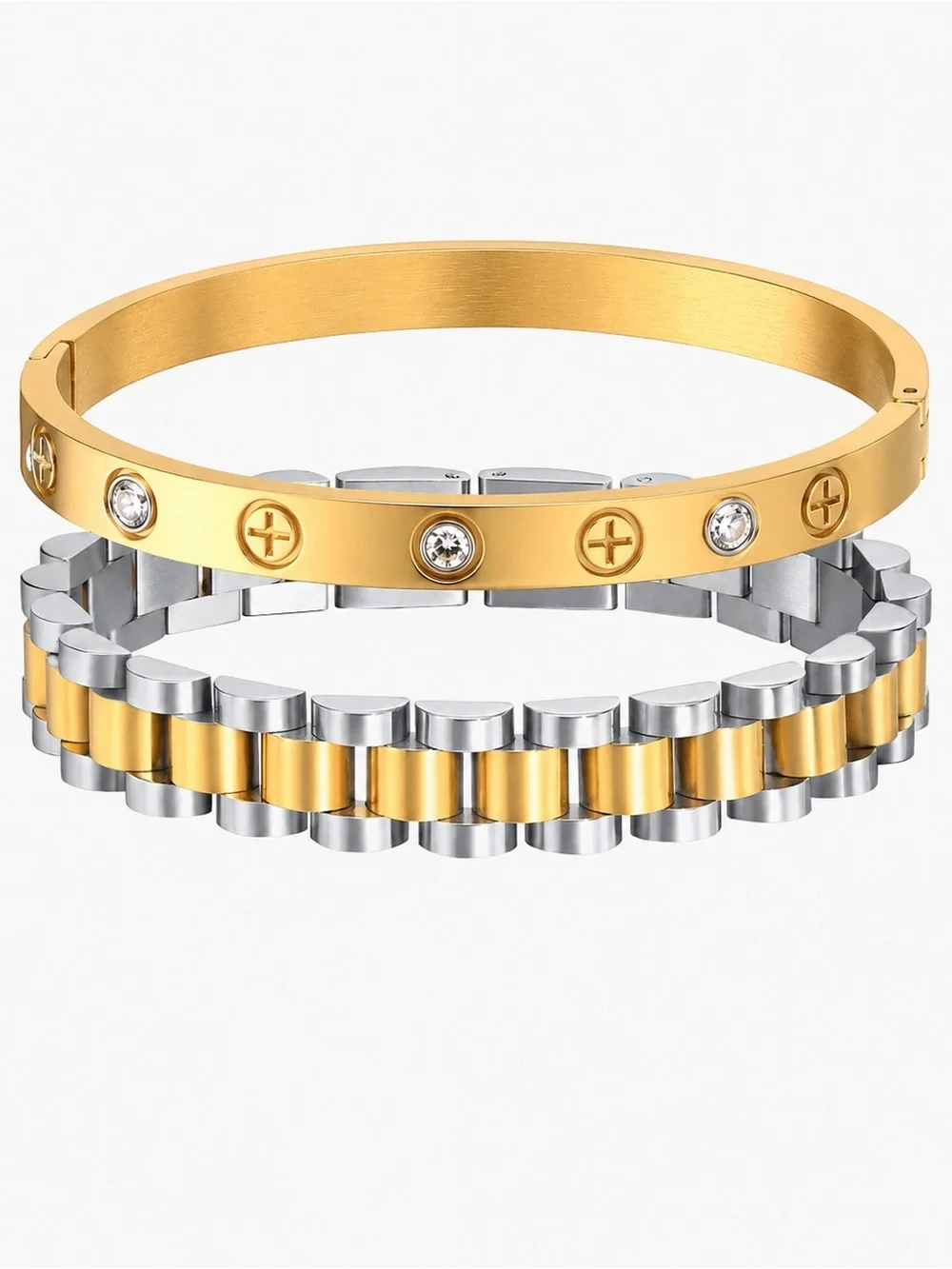 2-Piece Luxury Inspired Stainless Steel Bracelet Set Gold Silver CZ Bangle 🩶🧡